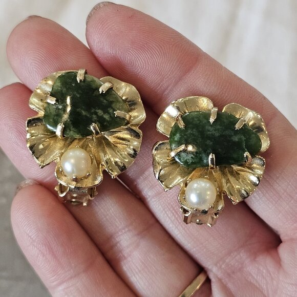 VTG Unsigned Kramer Jade Tree Bracelet Faux Pearl Clipon Earring Brooch Set Gold - Picture 10 of 16